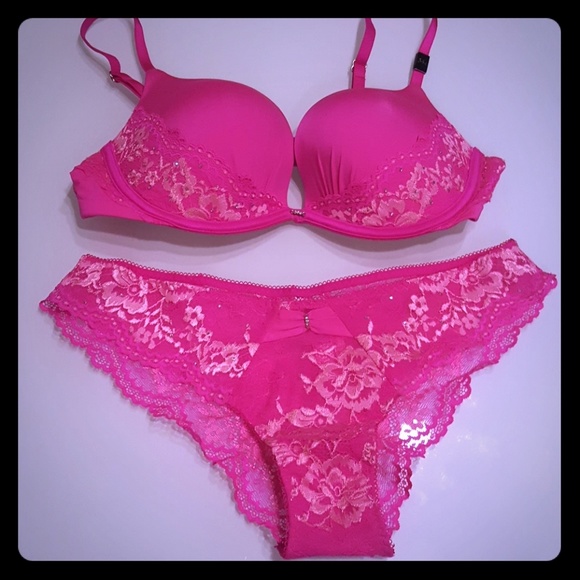 Victoria/'s Secret 34B BRA SET+garter+M panty HOT PINK crystallized DREAM ANGELS